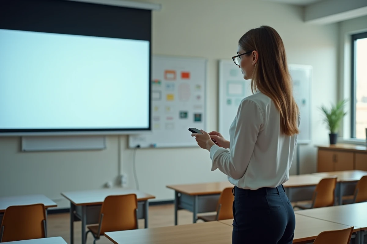 Jeune femme baisse un écran de projection dans une salle moderne