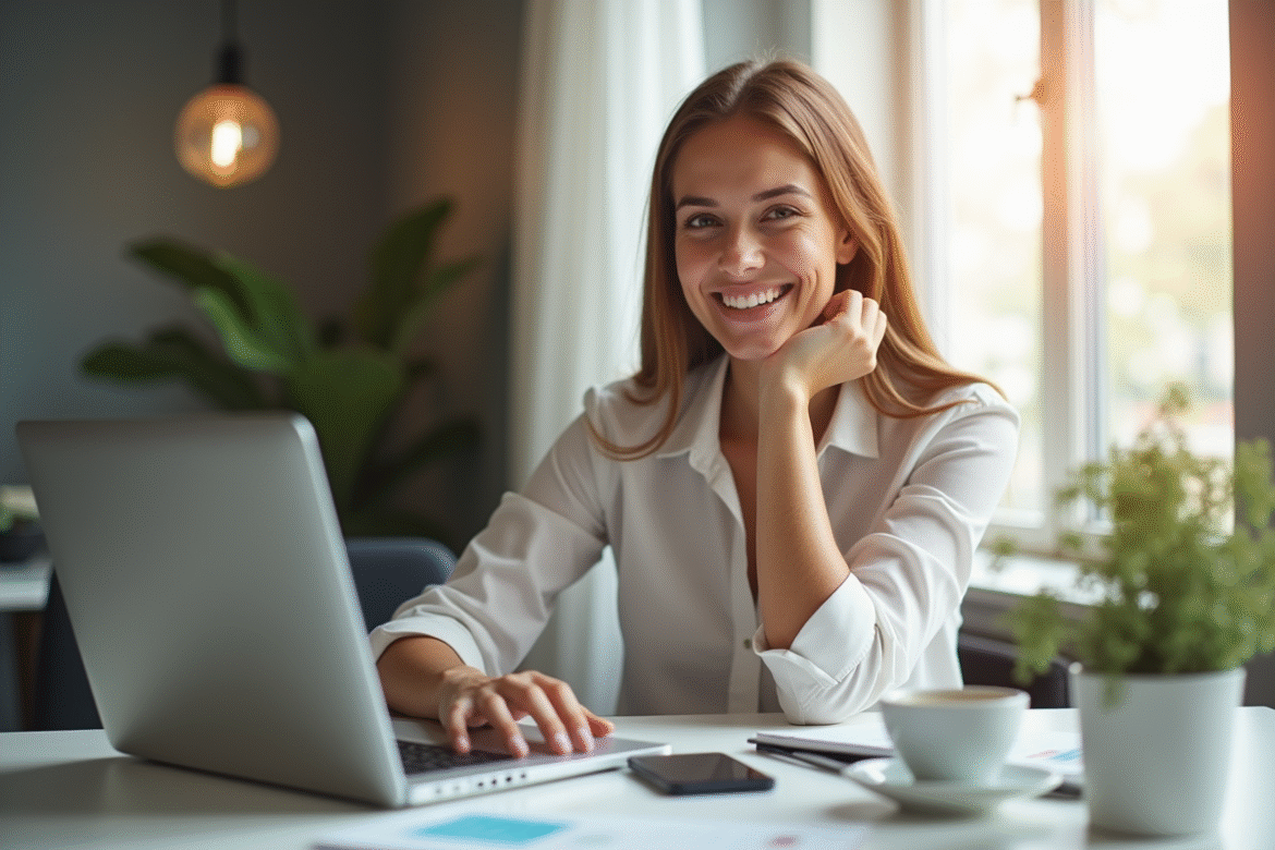 Jeune femme souriante utilisant un ordinateur pour un prêt en ligne
