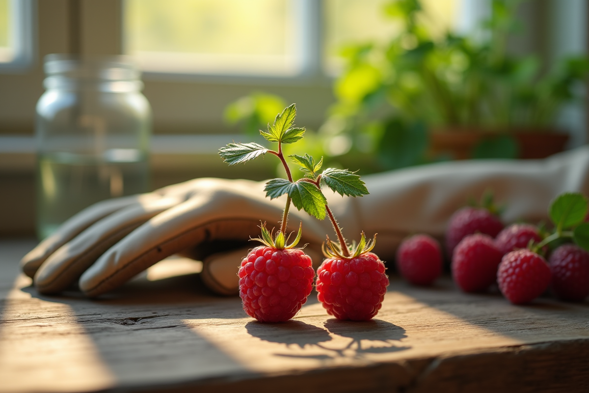 Raspberry avec racines et jeunes feuilles sur une table