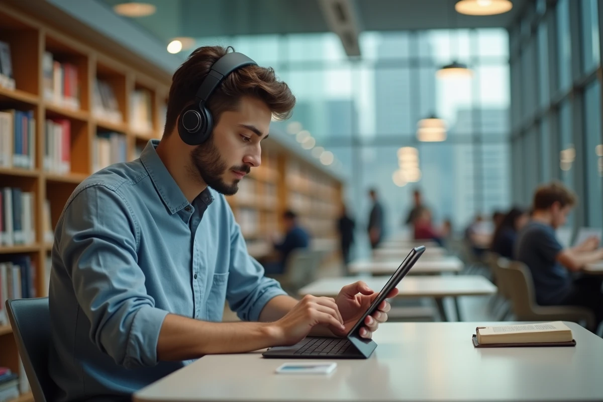 Jeune homme avec casque lisant sur une tablette à la bibliothèque
