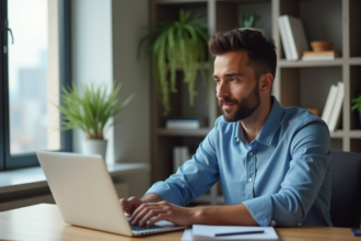 Jeune homme au bureau regardant son ordinateur portable