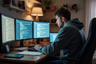 Jeune homme concentré devant son ordinateur en restriction