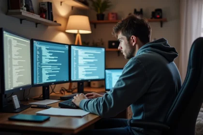 Jeune homme concentré devant son ordinateur en restriction