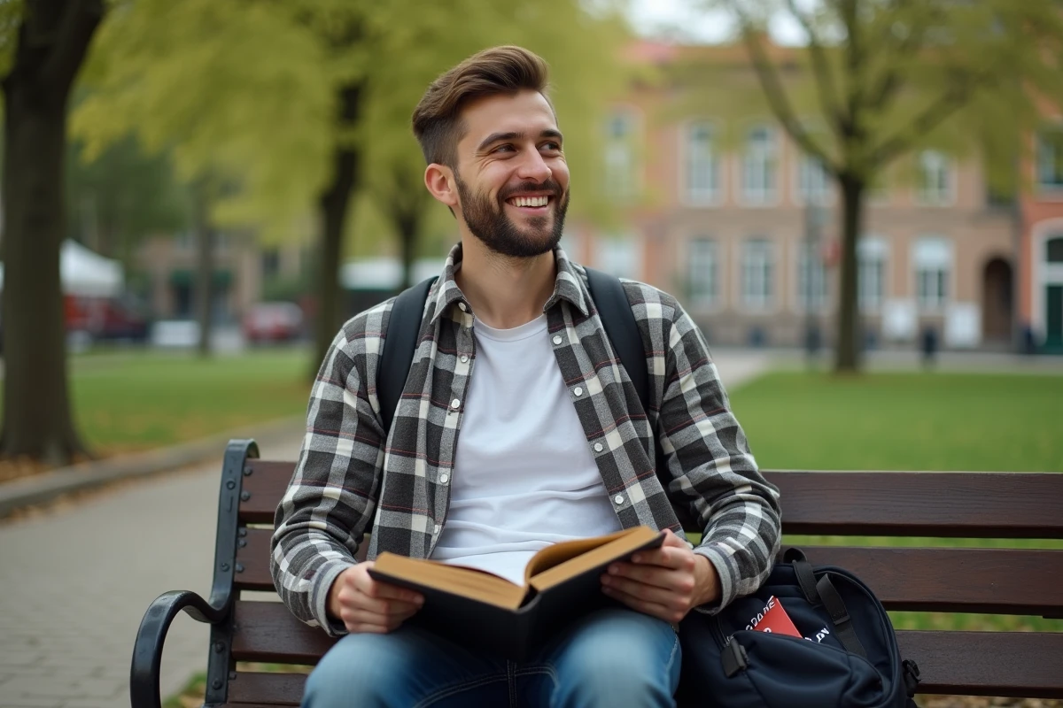 Jeune homme souriant avec un livre de mots croises dans un parc belge