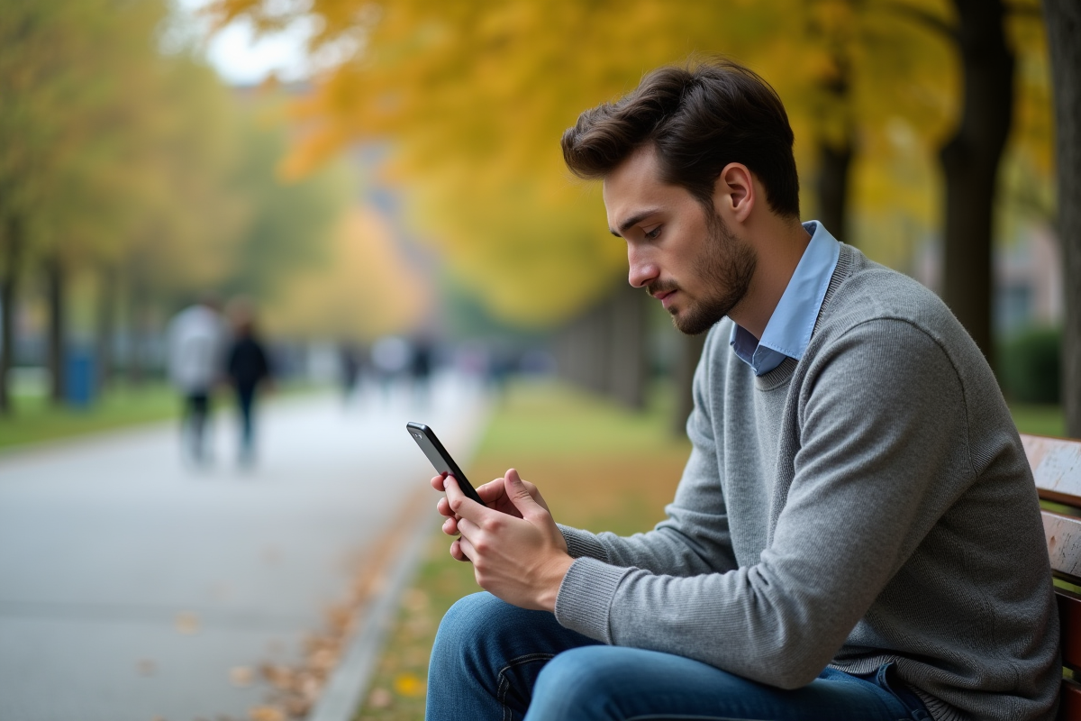 Jeune homme regardant son smartphone dans un parc