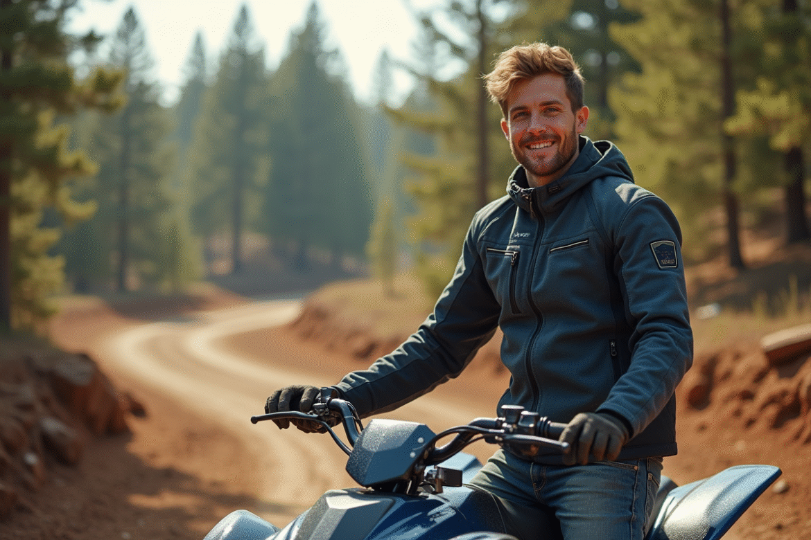 Jeune homme souriant à côté d'un quad puissant en pleine nature