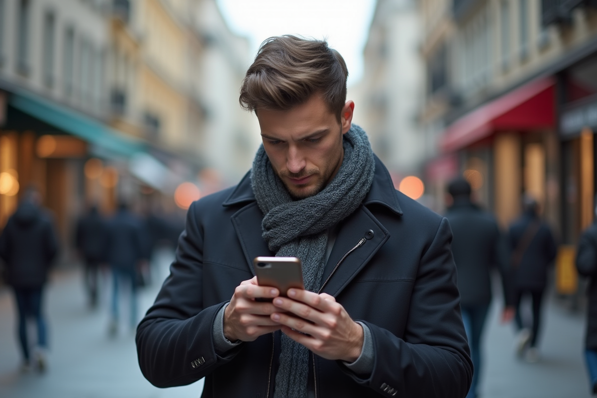 Jeune homme dans la rue regardant son smartphone