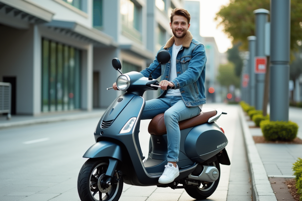 Jeune homme en denim sur scooter moderne en ville