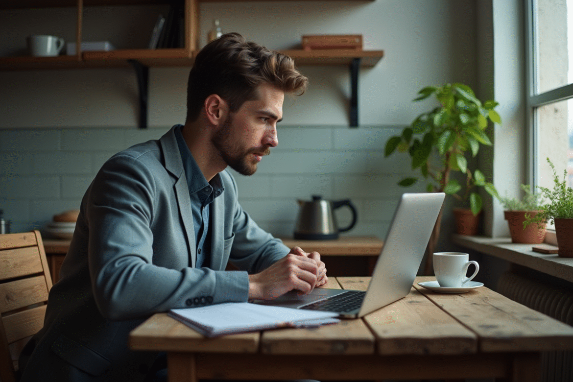 Jeune homme en travail à domicile avec ordinateur et café