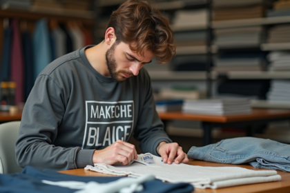 Jeune homme inspectant un vêtement streetwear en intérieur