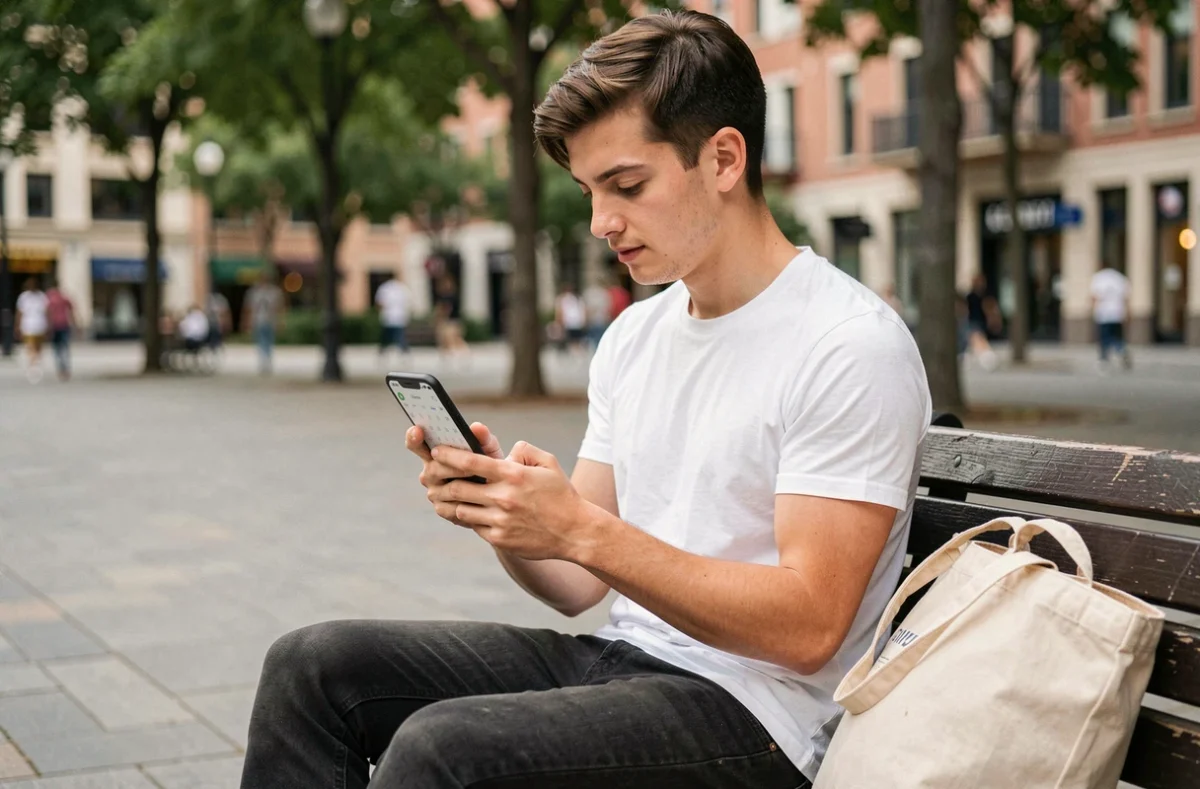 Jeune personne vérifiant les plages horaires de Pôle emploi sur smartphone en extérieur