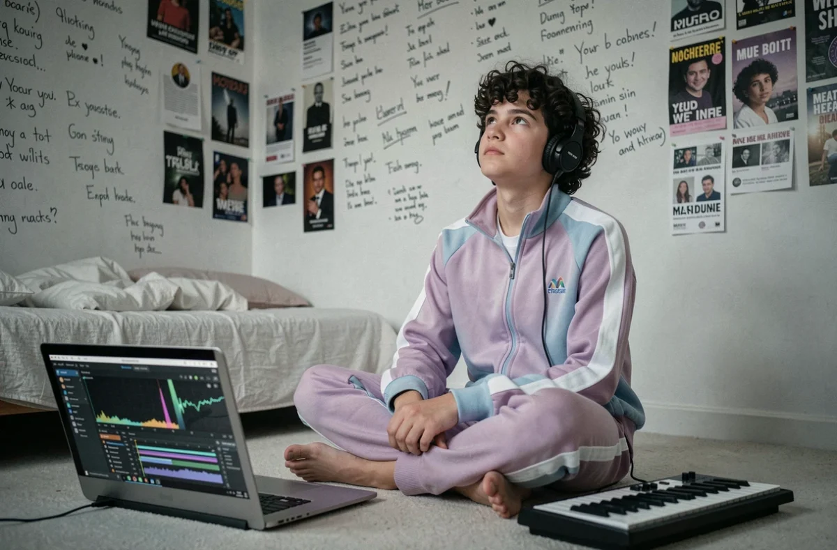 Adolescent producteur de musique dans sa chambre devant un logiciel de création, illustrant la culture musicale et l'expression banger en 2026