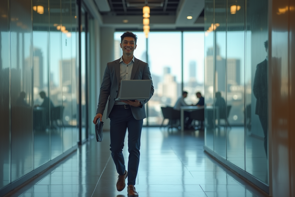 Jeune professionnel marchant dans les locaux de Keyrus avec un ordinateur portable