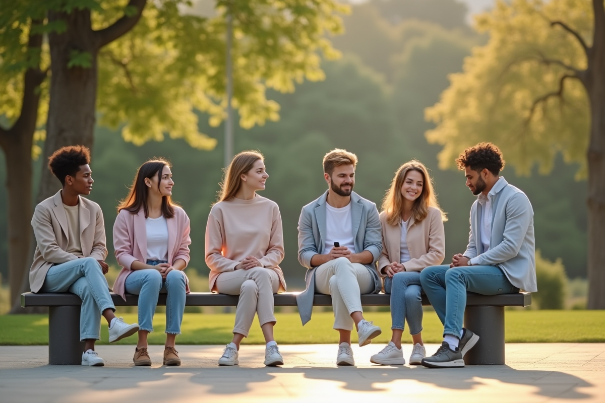 Groupe de jeunes dans un parc en tenue minimaliste pastel