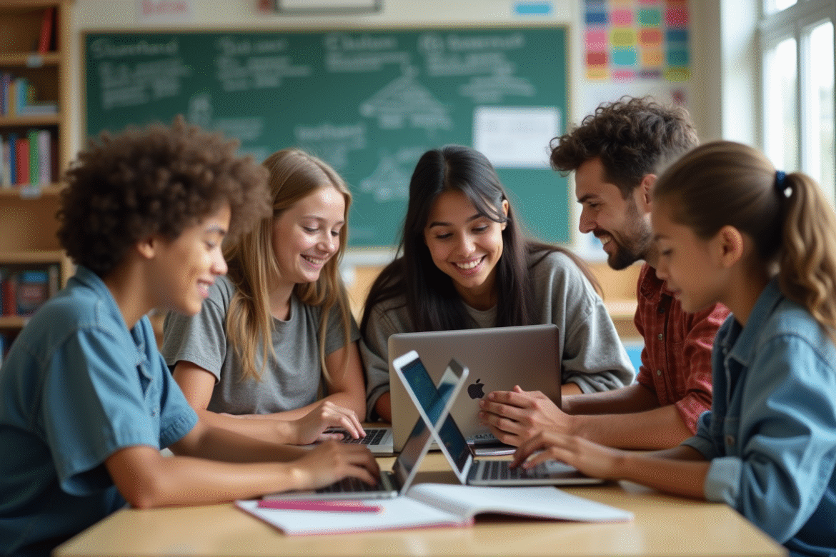 Groupe d'adolescents en classe avec tablettes et laptops