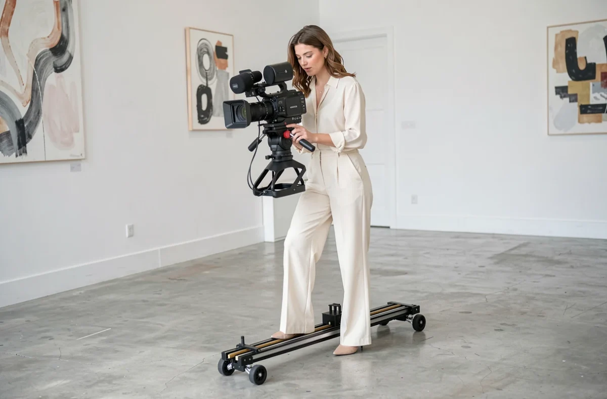 Vidéaste de Juno opérant une caméra cinéma sur slider dans un studio minimaliste parisien