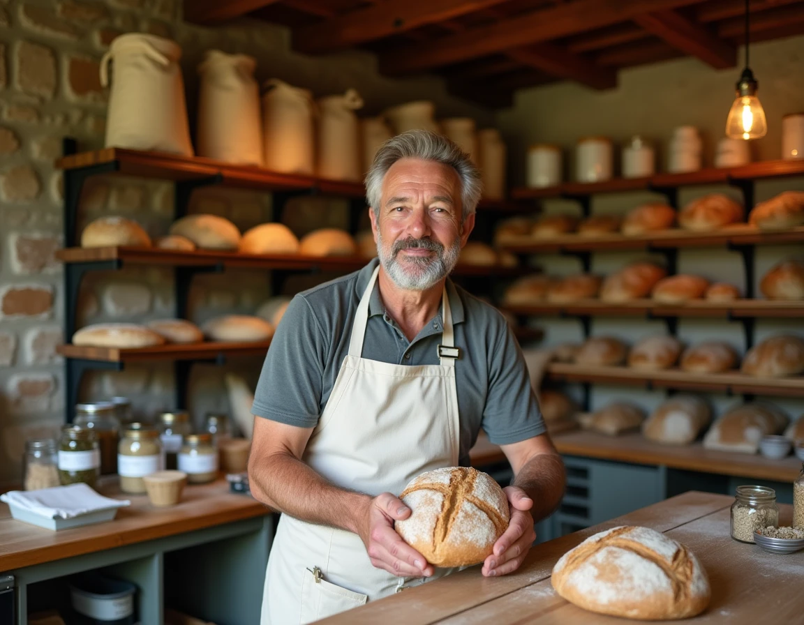 Intérieur de La Fromentellerie avec un boulanger artisan posant du pain au levain bio sur un comptoir en bois
