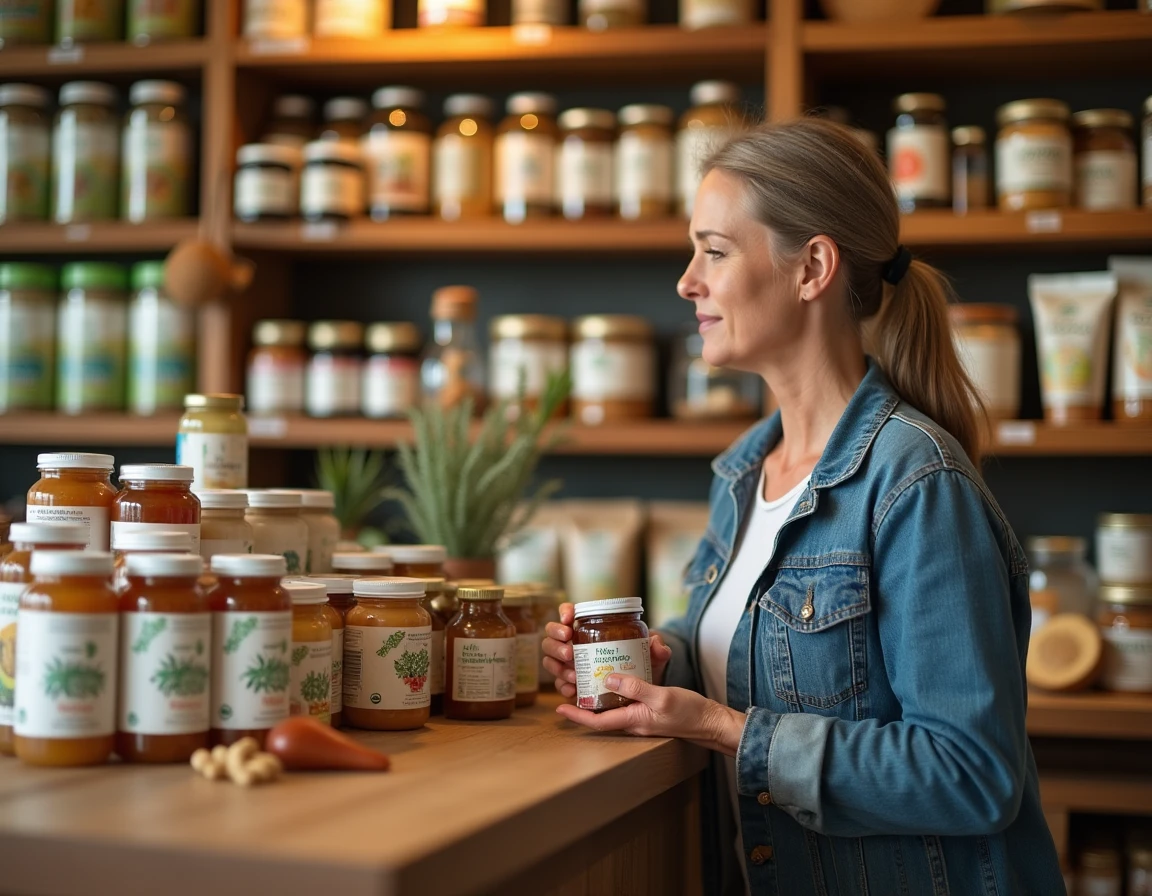 Intérieur du magasin La Vie Claire de Brie-Comte-Robert avec une cliente lisant une étiquette de produit bio