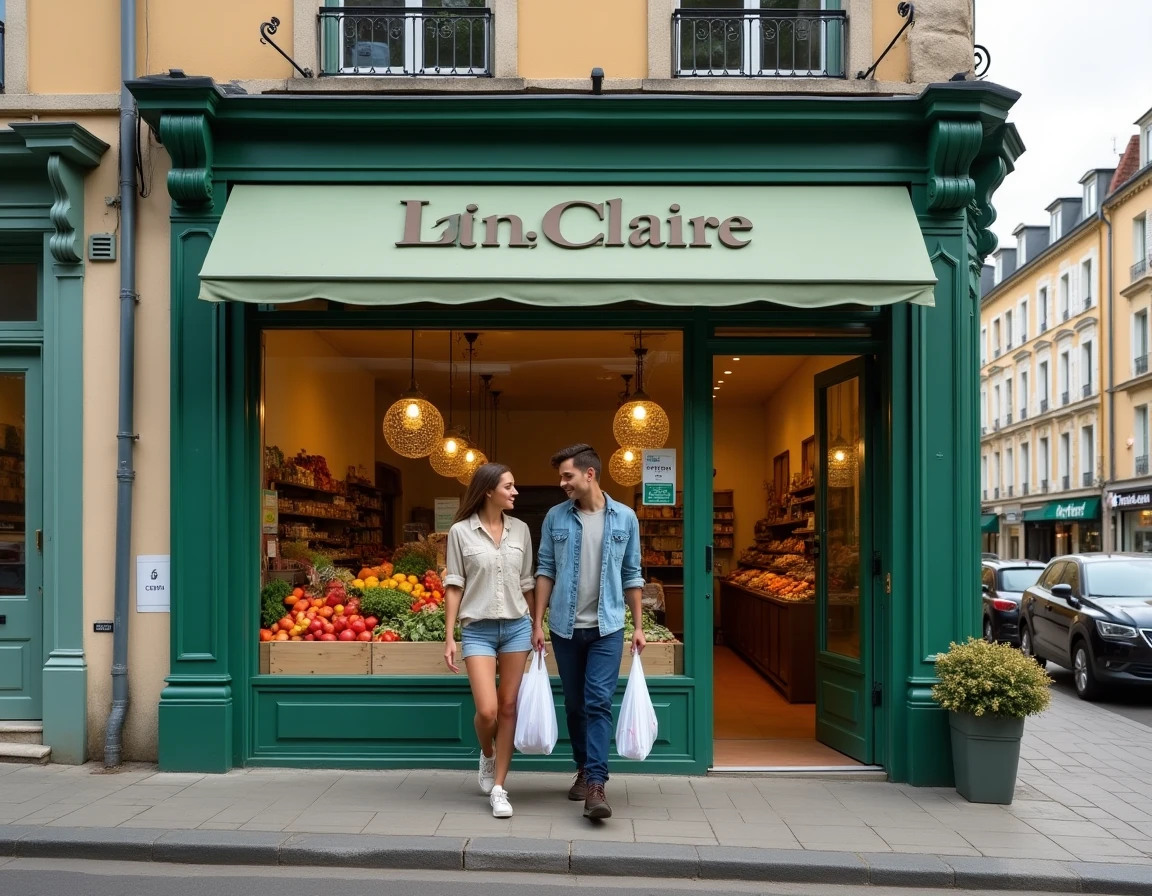 Entrée du magasin La Vie Claire de Coulommiers avec un couple tenant des sacs de courses bio