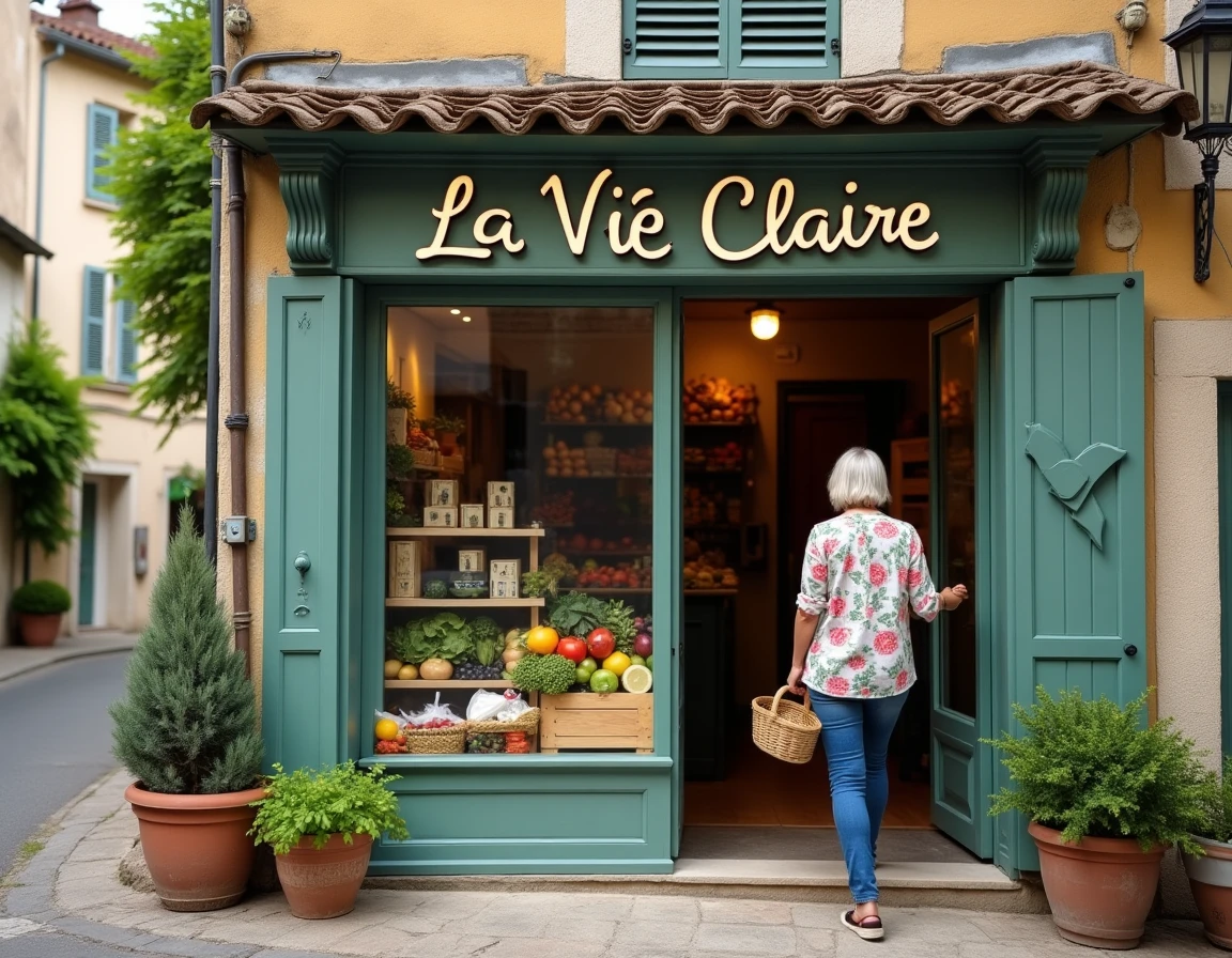 Devanture du magasin La Vie Claire de Guignes avec une cliente dans un cadre de village français