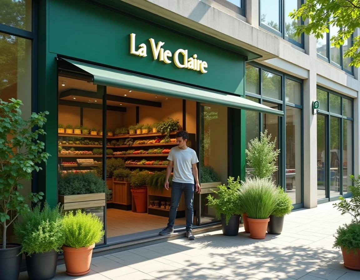 Façade moderne du magasin La Vie Claire de Montevrain avec un client devant un présentoir d'herbes aromatiques