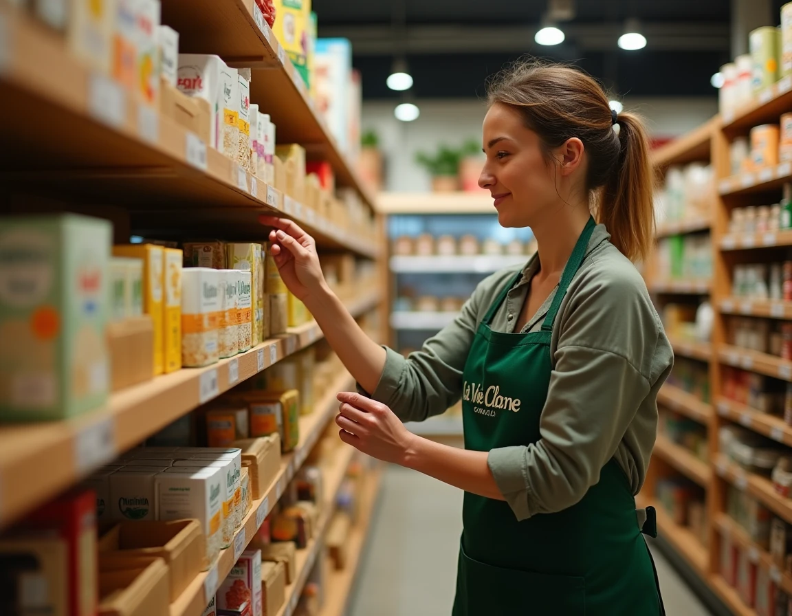 Employée du magasin La Vie Claire de Nemours réapprovisionnant les rayons de produits biologiques