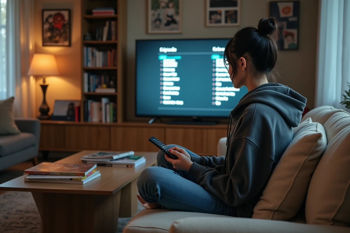 Jeune femme consultant la liste des épisodes de Fairy Tail sur sa télévision dans son salon avec des volumes de manga posés sur la table