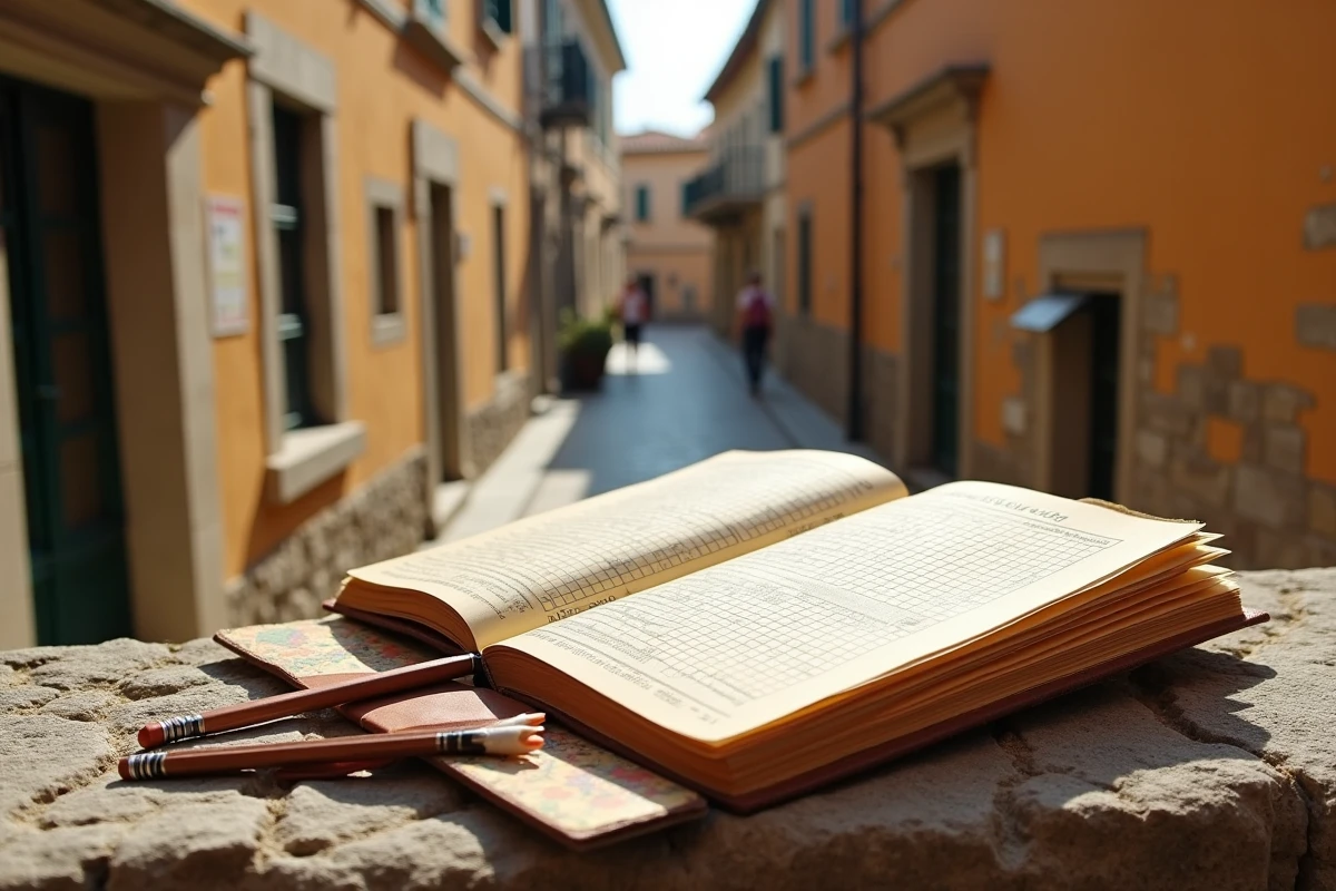 Livre de mots croisés italiens ouvert sur un rebord en pierre dans une ruelle pavée d'une ville historique italienne