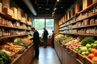 Vue intérieure panoramique d'un magasin bio en Seine-et-Marne avec rayons de produits organiques et clients
