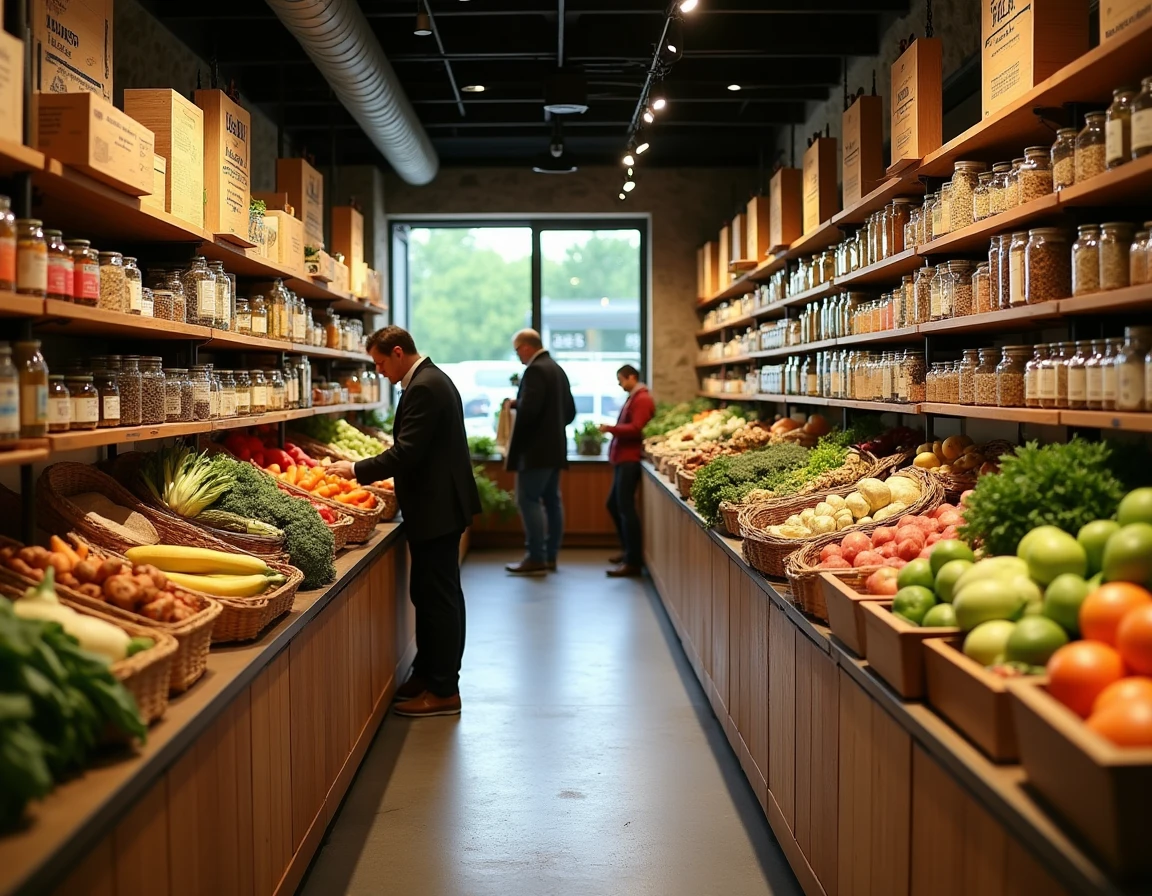 Vue intérieure panoramique d'un magasin bio en Seine-et-Marne avec rayons de produits organiques et clients