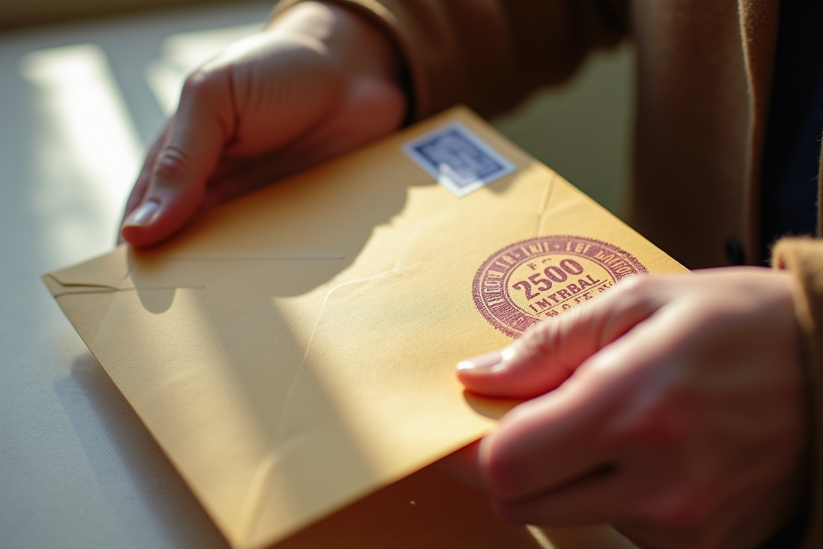 Mains tenant une enveloppe avec code postal de Lyon en lumière naturelle
