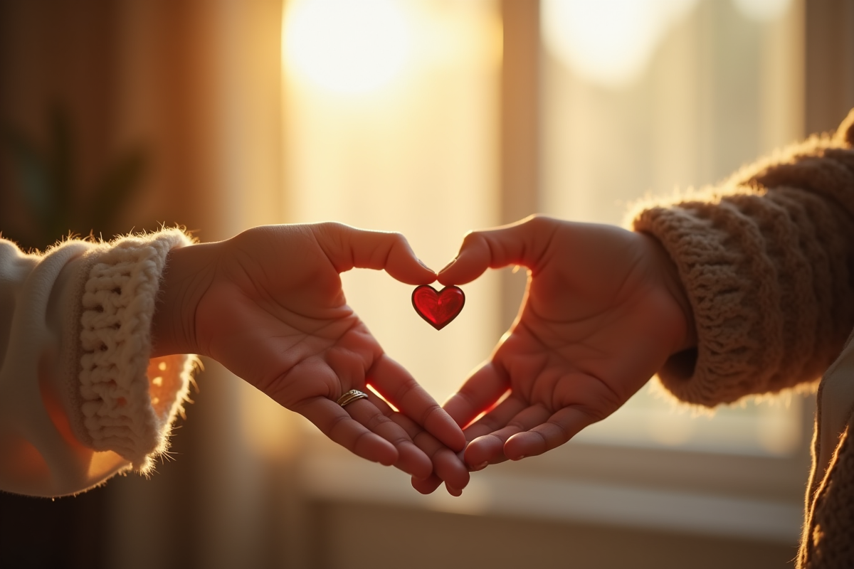 Deux mains échangent un cœur symbolique dans un cadre chaleureux