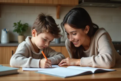 Maman jeune aidant son enfant à faire ses devoirs à la maison
