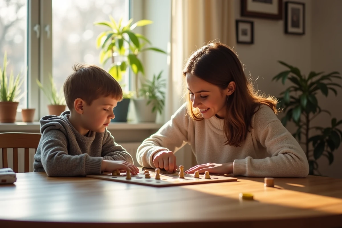 Mère et enfant jouant à un jeu de société à la maison