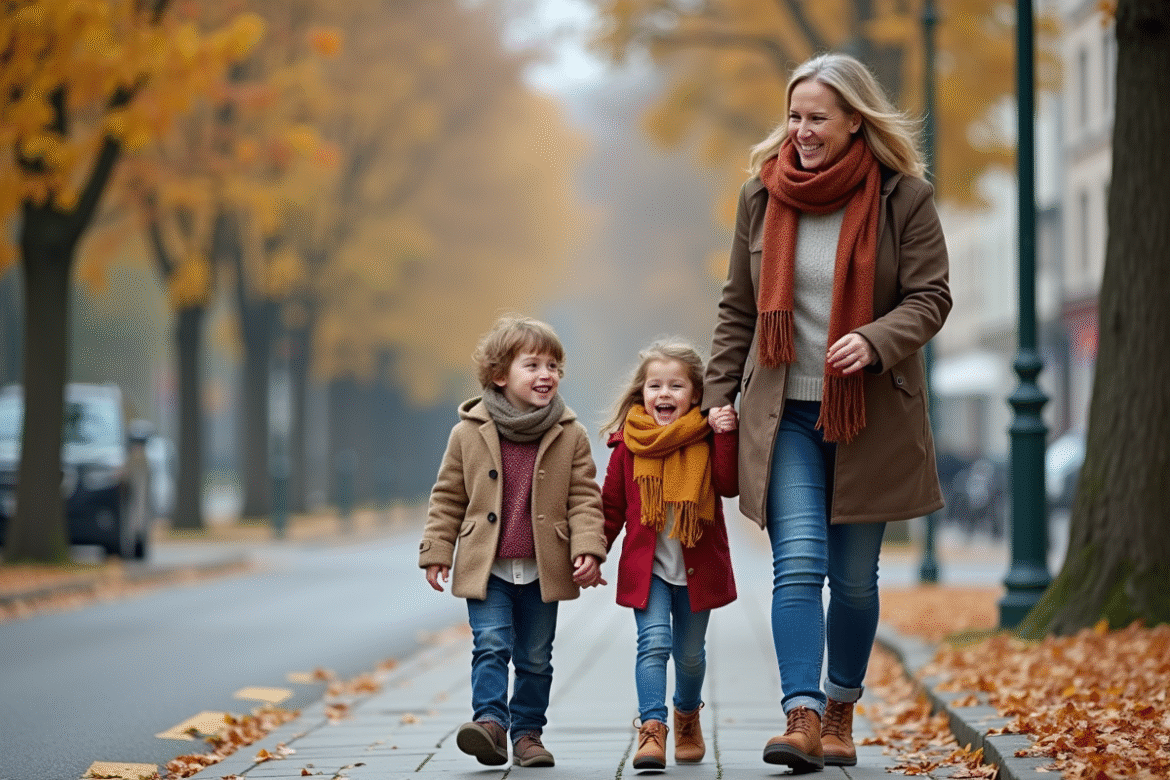 Maman souriante avec ses enfants dans une ville européenne
