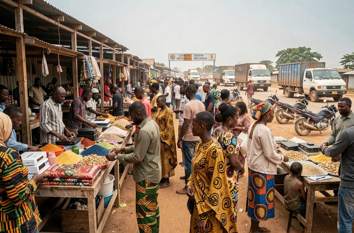 Marché frontalier animé en Afrique de l'Est illustrant les échanges commerciaux structurants entre les grands pays du continent africain