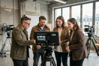 Équipe de vidéastes professionnels en Île-de-France collaborant autour d'un moniteur de tournage dans un studio urbain
