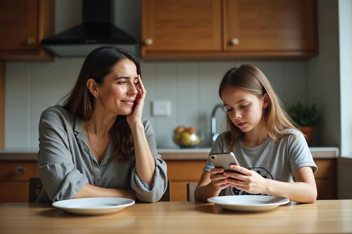 Mère fatiguée et adolescente accro à son téléphone pendant le dîner, tension liée aux écrans en famille