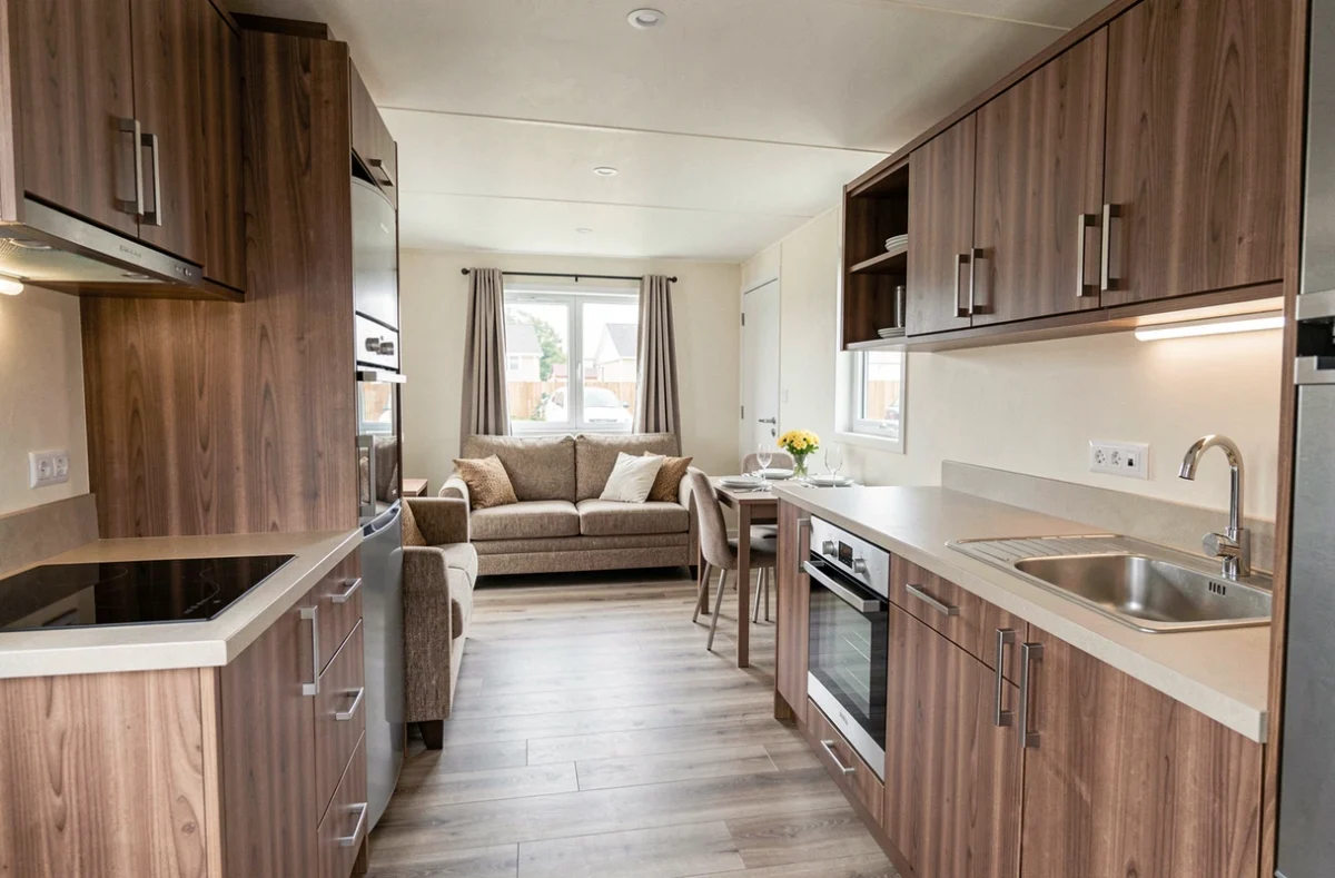 Intérieur soigné d'un mobil-home haut de gamme avec cuisine équipée en bois et salon moderne aux finitions de qualité