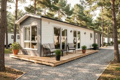 Extérieur d'un mobil-home moderne de qualité installé dans un camping verdoyant avec terrasse en bois et grandes fenêtres double vitrage