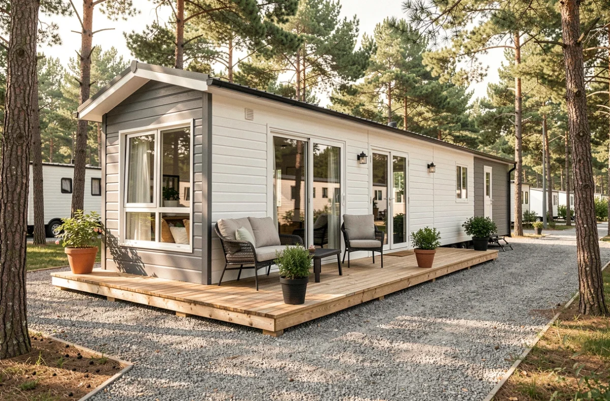Extérieur d'un mobil-home moderne de qualité installé dans un camping verdoyant avec terrasse en bois et grandes fenêtres double vitrage