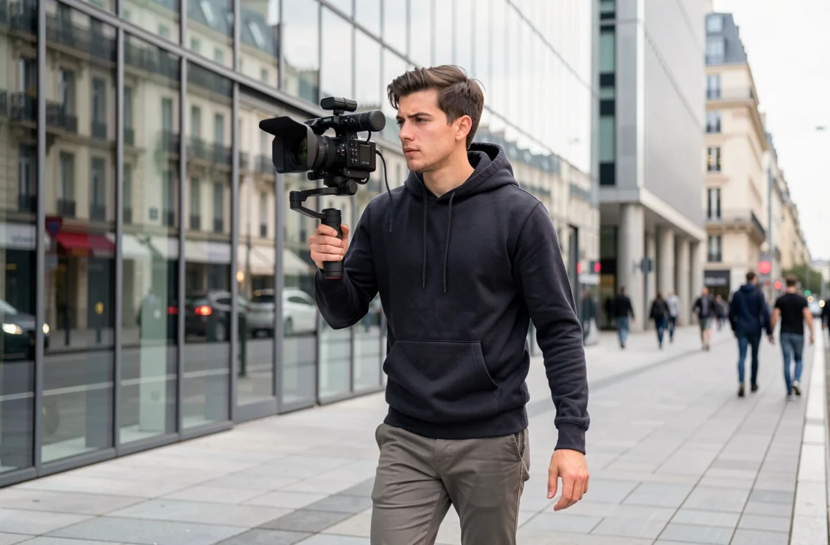 Vidéaste Moonky filmant en extérieur avec un gimbal dans un quartier d'affaires moderne de Paris
