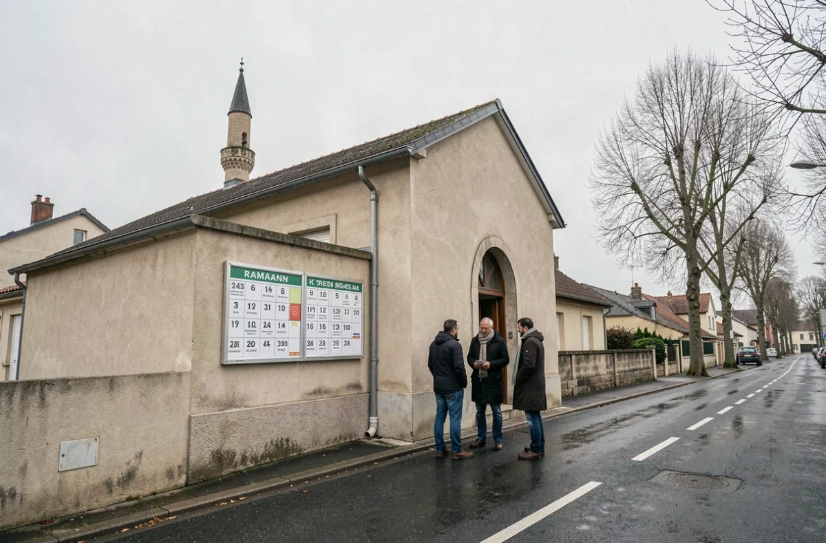 Façade de mosquée de banlieue parisienne avec tableau des horaires de prière pendant le Ramadan 2026