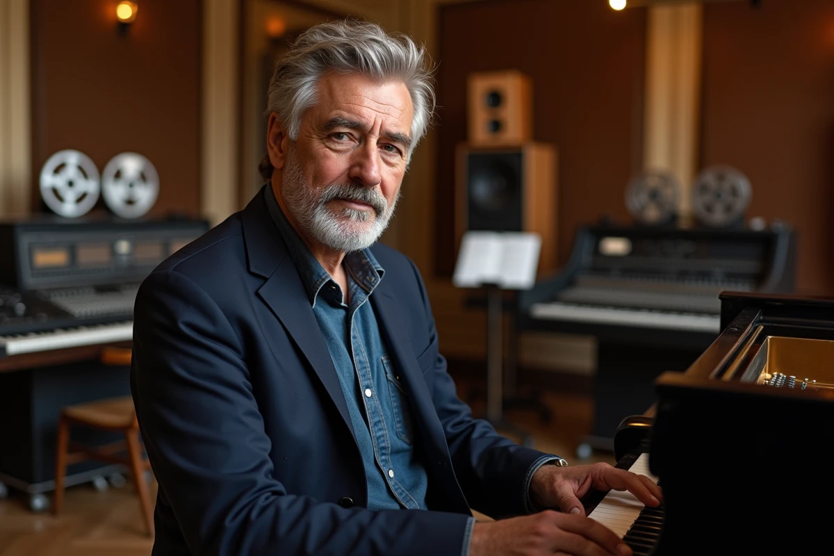 Musicien français des années 80 au piano dans un studio d'enregistrement parisien vintage avec console de mixage analogique