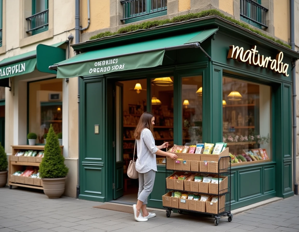 Magasin Naturalia à Fontainebleau avec une cliente parcourant les produits bio en devanture