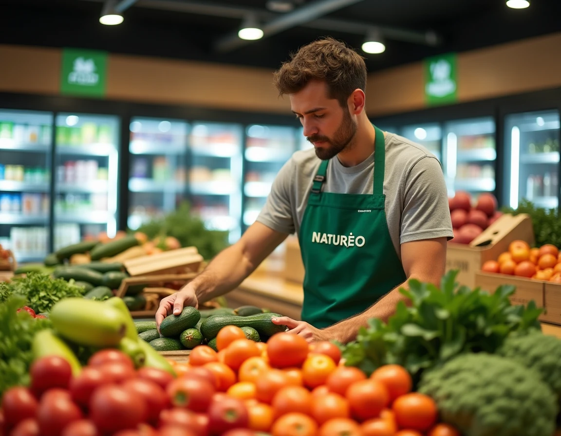 Rayon fruits et légumes biologiques du magasin NaturéO de Vert-Saint-Denis avec un employé