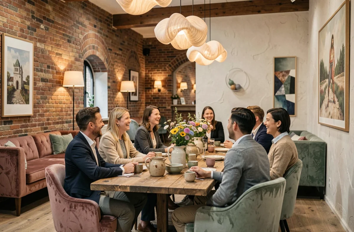 Espace de réception intime du NEST MGallery à Puteaux avec murs en briques apparentes, mobilier en velours et décoration artisanale pour un événement convivial
