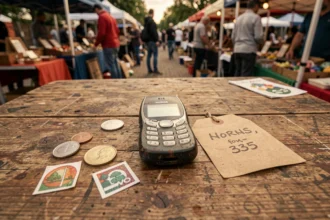 Ancien Nokia 3310 posé sur une table de marché aux puces avec une étiquette de prix et des pièces de monnaie