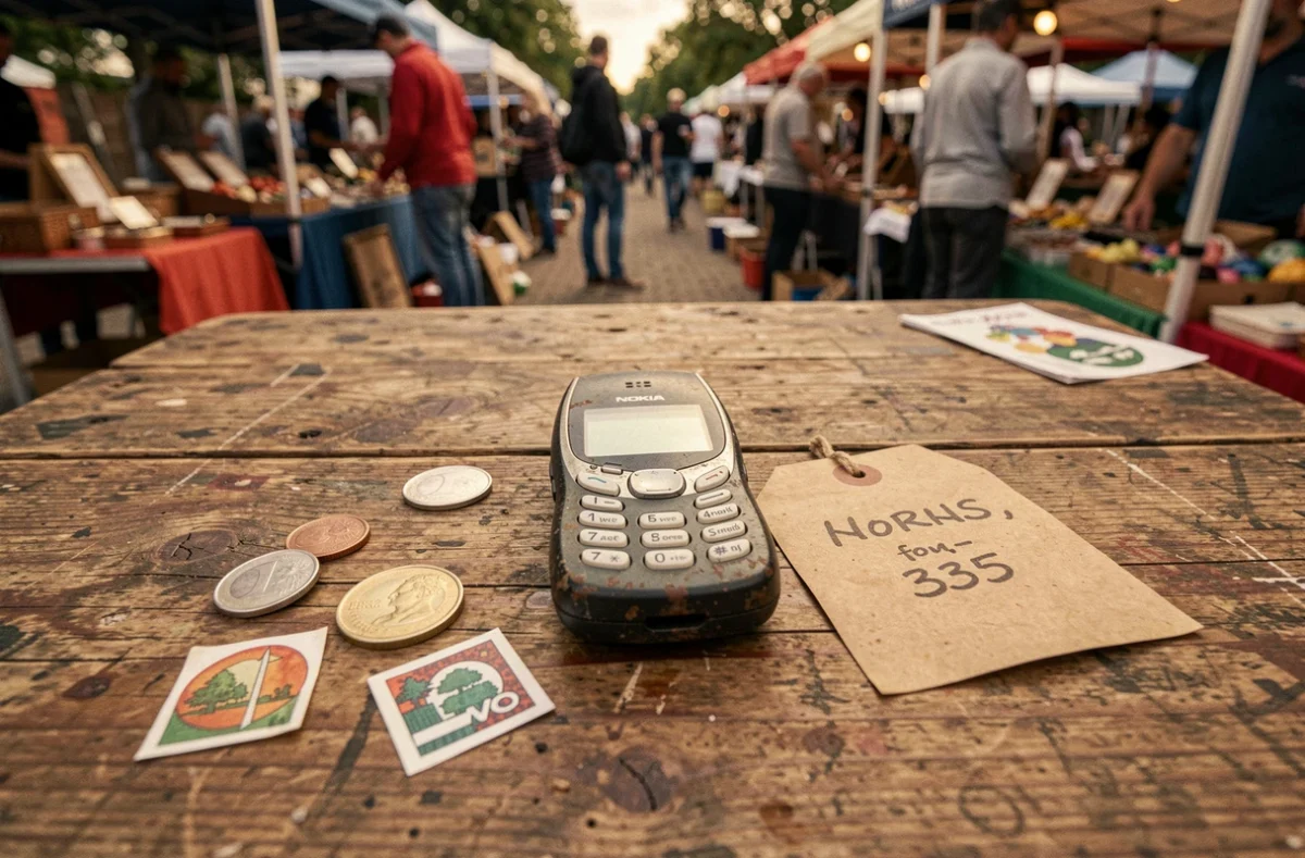 Ancien Nokia 3310 posé sur une table de marché aux puces avec une étiquette de prix et des pièces de monnaie