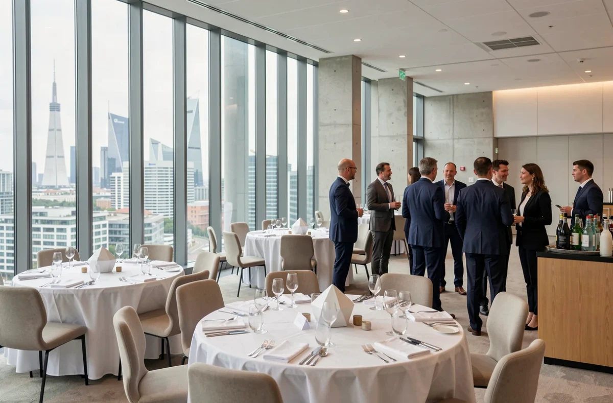 Salle de réception moderne du Novotel Paris La Défense à Nanterre avec vue sur les tours de La Défense et décoration sobre pour un événement d'entreprise